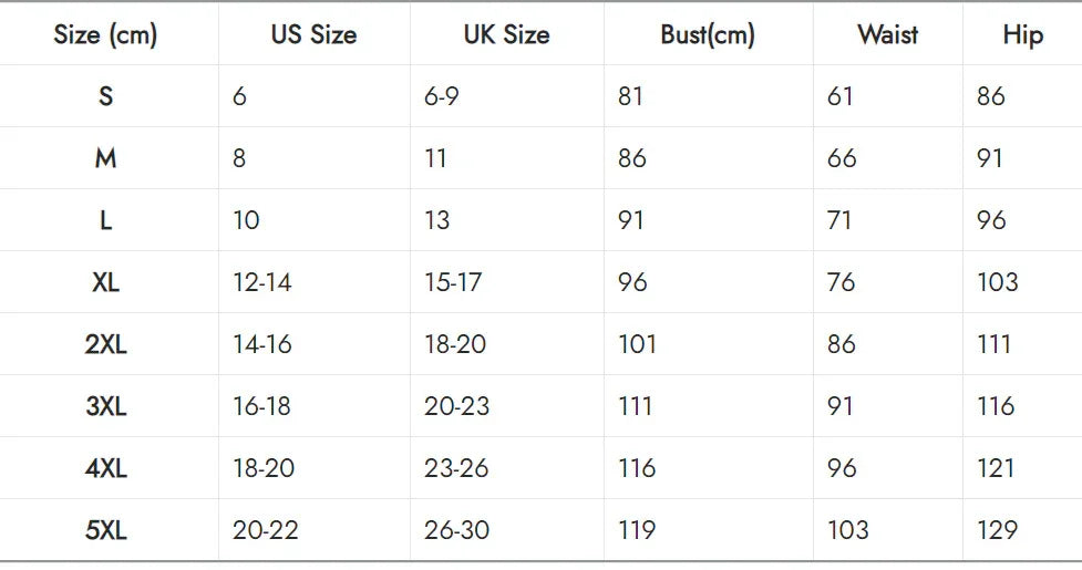 Clothing size chart showing US, UK sizes with bust, waist, and hip measurements in cm from S to 5XL