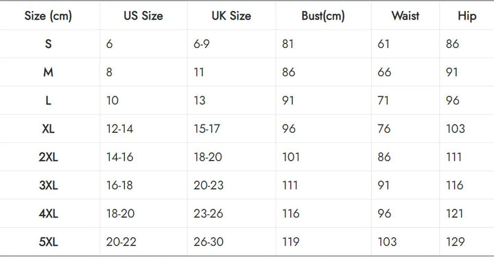 Clothing size chart showing US, UK sizes with bust, waist, and hip measurements in cm from S to 5XL