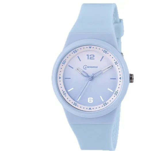 Light blue wristwatch with silicone band, round dial, and minimal numeric markers at 12 and 6