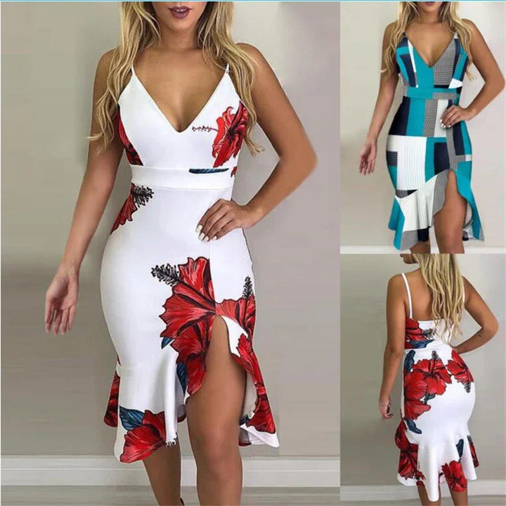 Sleeveless white midi dress with red floral print and front slit, plus sleeveless blue patterned dress