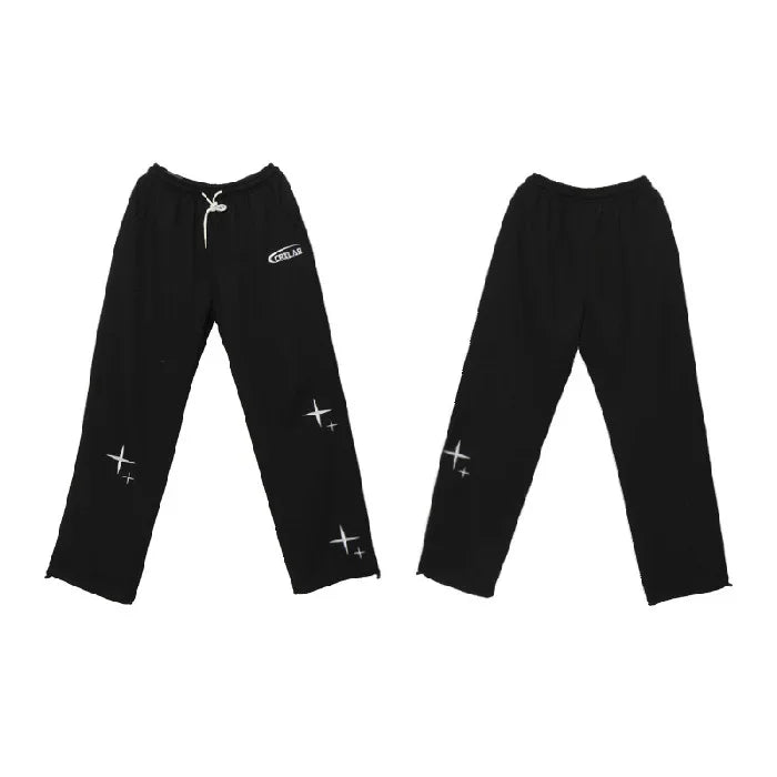 Black sweatpants with white drawstring and logo on left thigh, front and back views