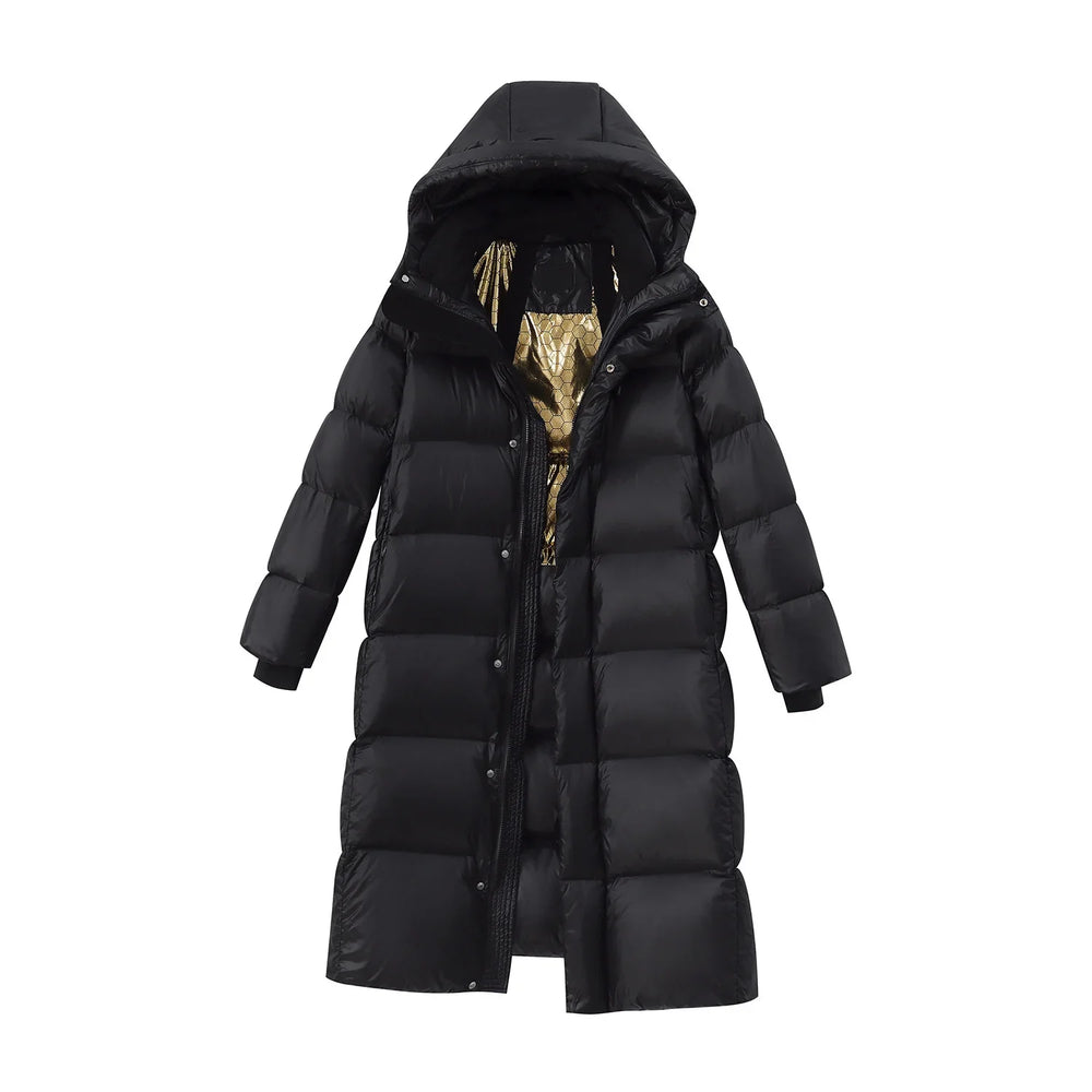 Long black puffer coat with hood and gold patterned inner lining, winter jacket