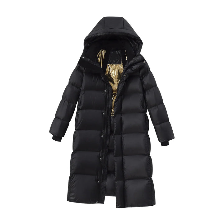 Long black puffer coat with hood and gold patterned inner lining, winter jacket