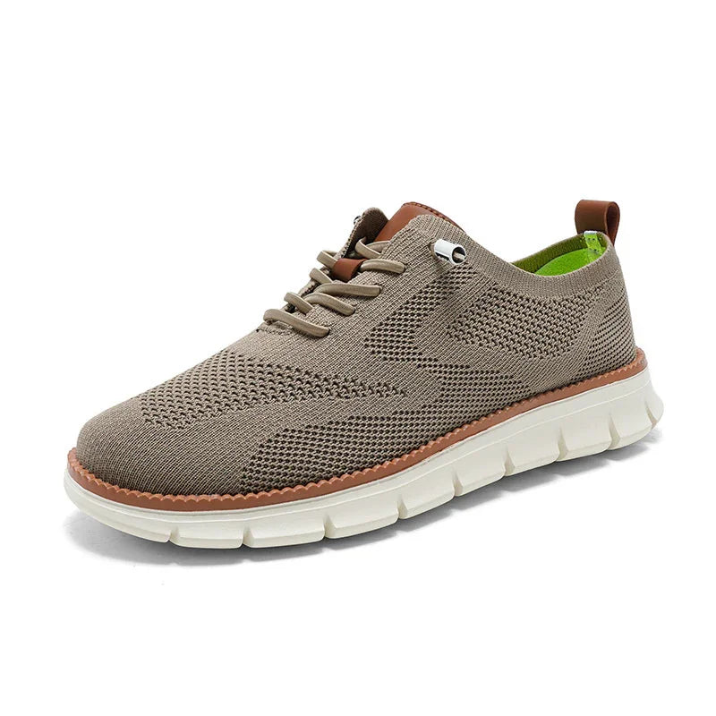 Light brown knit sneaker with white cushioned sole and brown leather accents on heel and tongue
