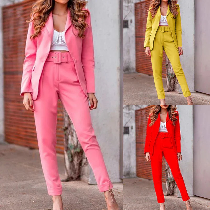 Women modeling belted pantsuits in pink, yellow, and red with white crop tops outdoors