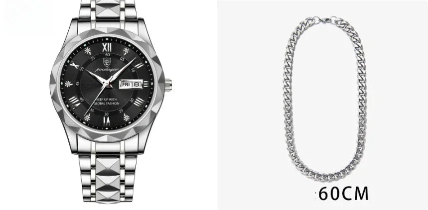 Silver men's wristwatch with black dial and pyramid-patterned metal band, 60cm silver chain necklace