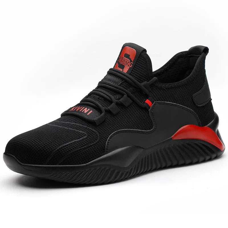 Black and red athletic sneaker with knit upper, cushioned sole, and modern design details