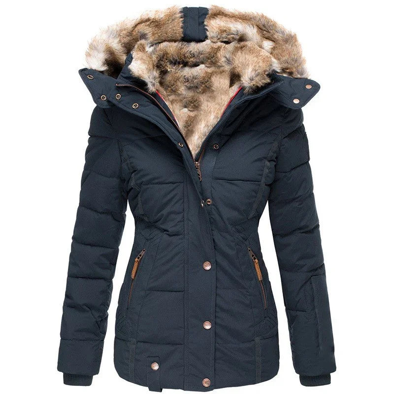 Black women's winter jacket with faux fur-lined hood and zippered pockets