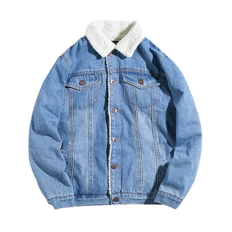 Blue denim jacket with white sherpa collar and buttoned front pockets, classic casual outerwear