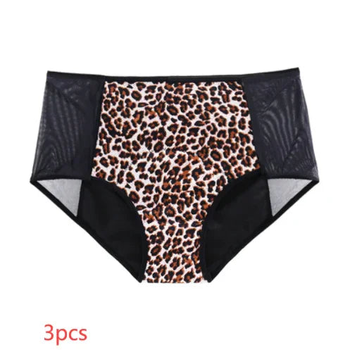 Women's high-waisted leopard print panties with black mesh side panels, set of 3