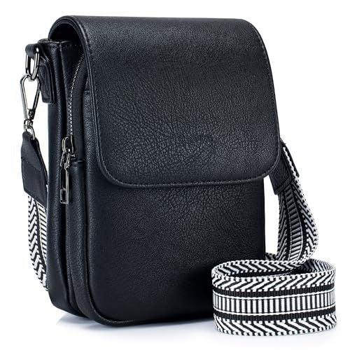 Black leather crossbody bag with flap and detachable black and white striped strap