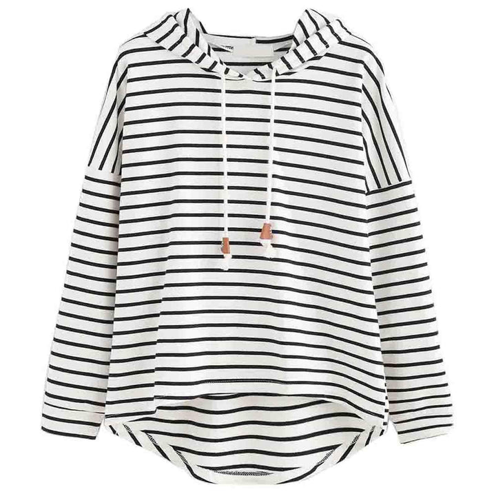 White hoodie with black horizontal stripes and drawstrings with brown tips, long sleeves