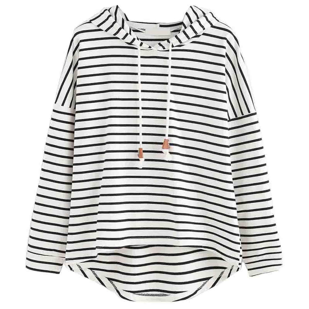 White hoodie with black horizontal stripes and drawstring hood in casual style