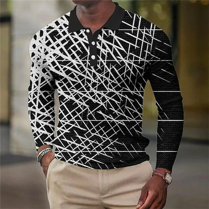 Black and white geometric patterned men's long-sleeve polo shirt with buttoned collar