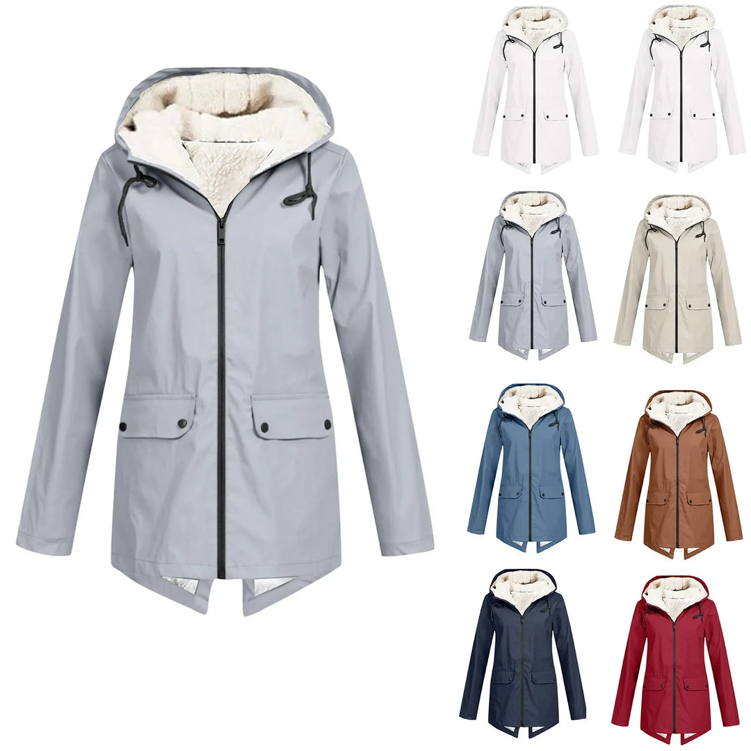 Women's winter hooded coat with fleece lining and front pockets in multiple colors including gray, white, beige, blue, brown, navy, and red