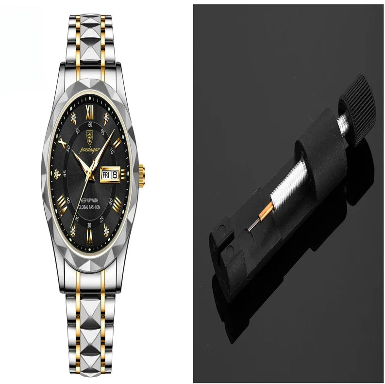 Two-tone silver and gold wristwatch with black dial and date display, next to a black watch band link remover tool
