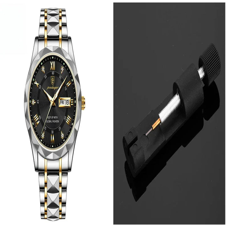 Two-tone silver and gold wristwatch with black dial and date display, next to a black watch band link remover tool