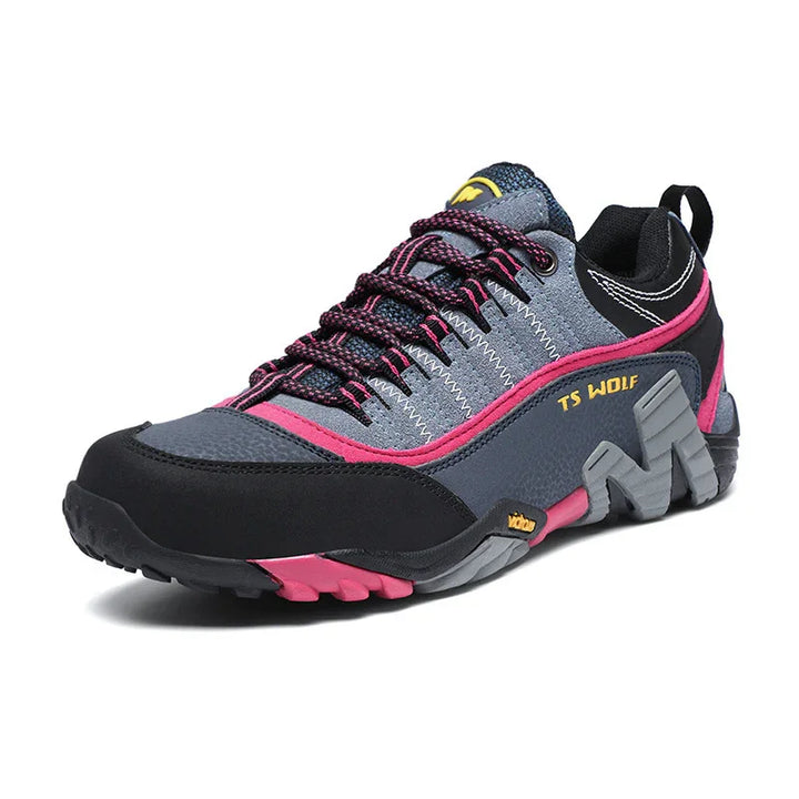 TS WOLF gray and pink hiking shoe with rugged sole and black toe cap