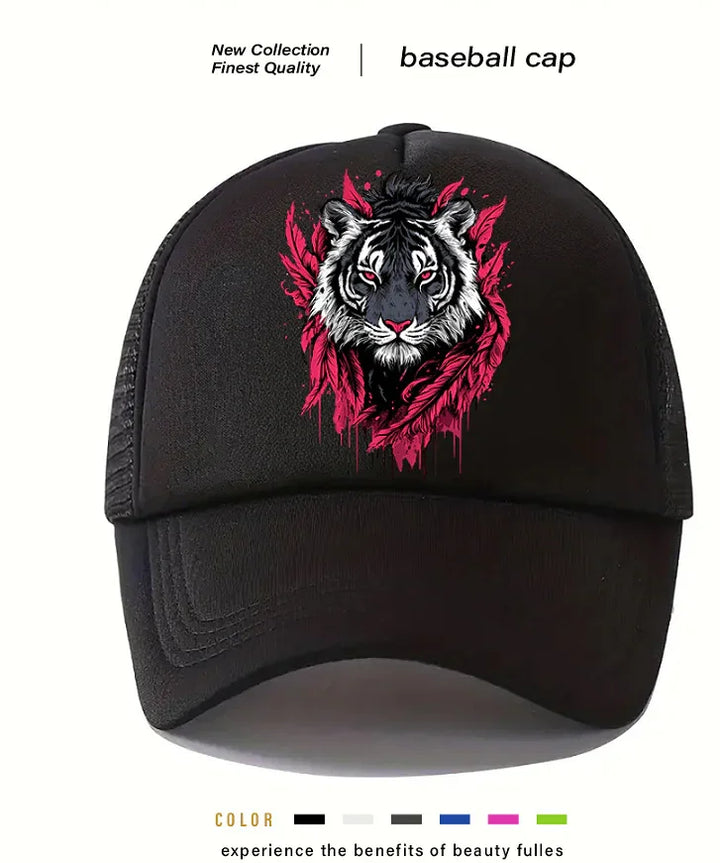 Black baseball cap with white tiger face and red feather design on front