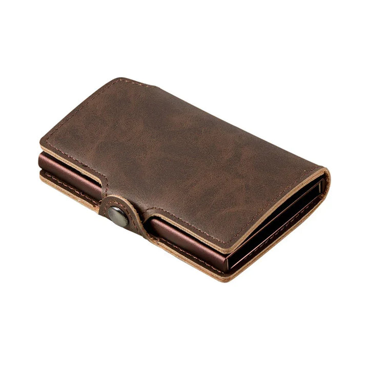 Brown leather RFID-blocking wallet with metal cardholder and snap button closure