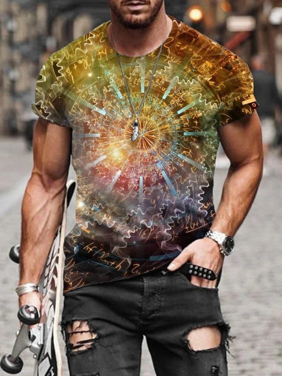 Man wearing colorful abstract mechanical gears and equations graphic t-shirt holding skateboard