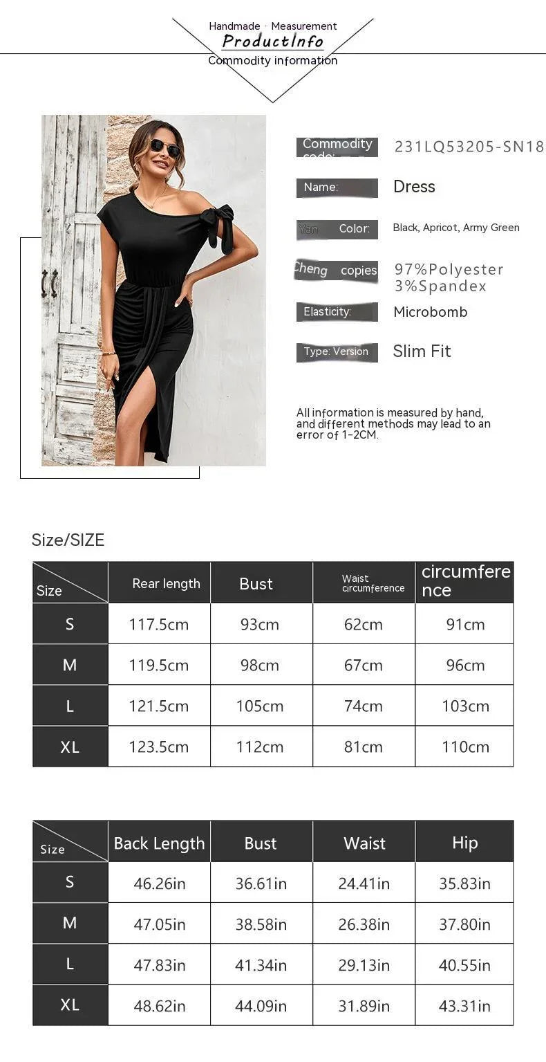 Woman wearing black slim fit off-shoulder dress with side slit by rustic door