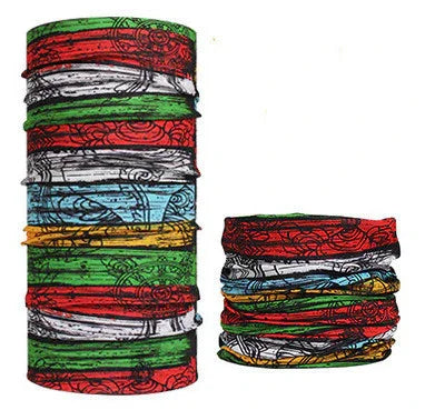 Colorful multifunctional headbands with red, green, orange, blue, and black patterns stacked and folded on white background