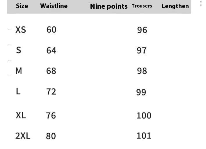 Clothing size chart listing waistline and trousers length for XS to 2XL sizes