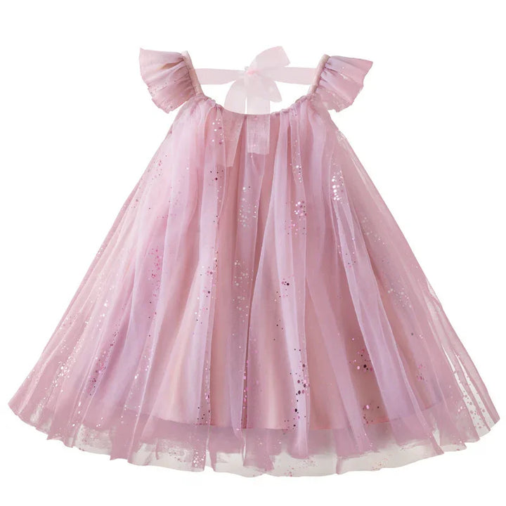 Pink tulle girls party dress with glitter, flutter sleeves, and bow tie back