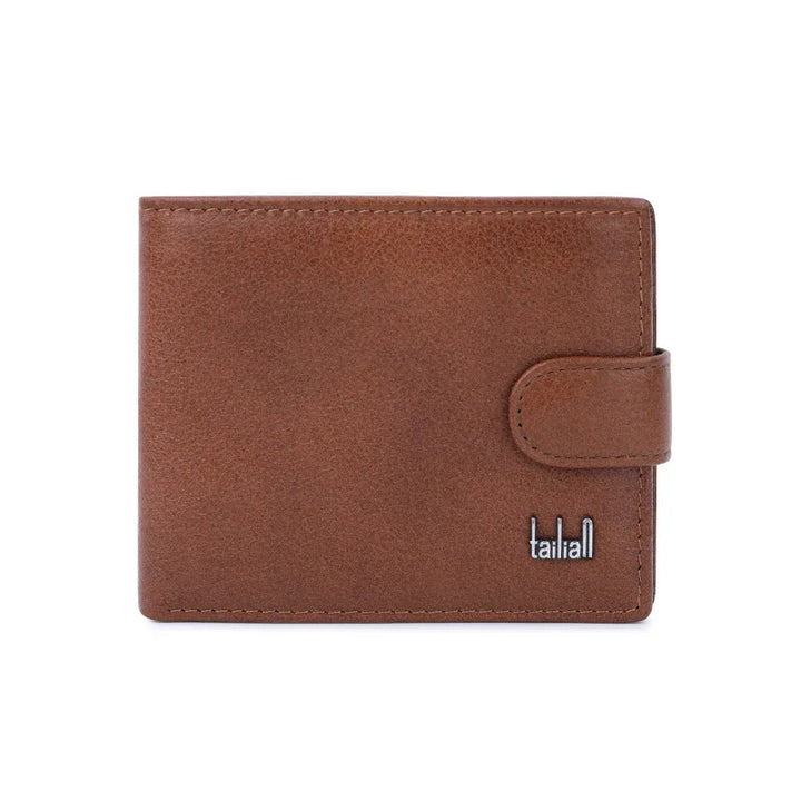 Brown leather men's wallet with strap closure and silver Tailiall logo on white background