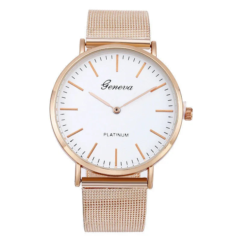 Elegant Geneva Platinum wristwatch with rose gold mesh band and minimalist white dial