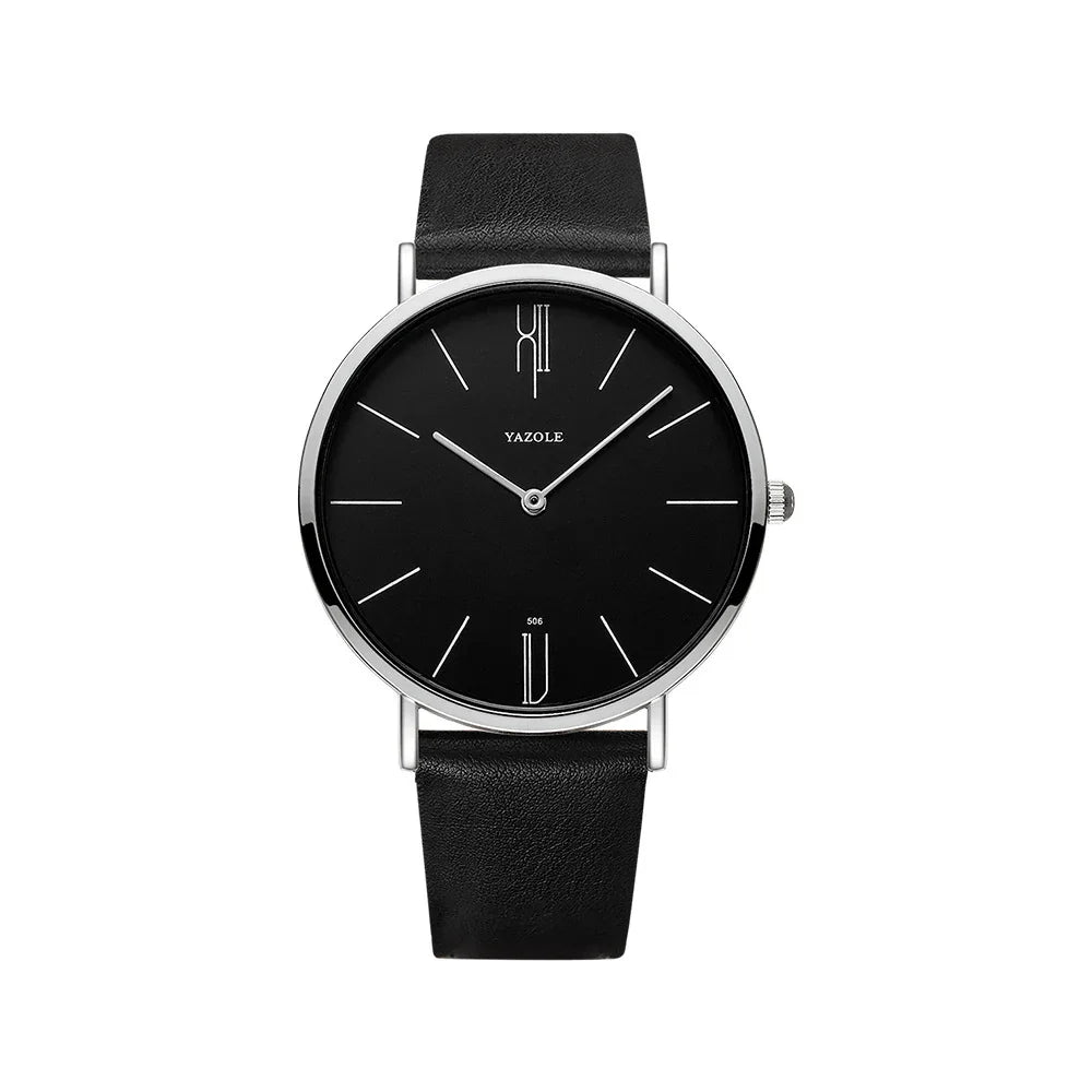 Minimalist Yazole wristwatch with black dial, silver markers, and black leather strap