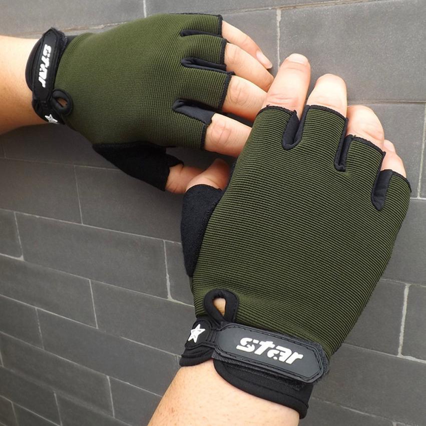 Olive green fingerless cycling gloves with black trim and 'star' logo, worn on hands.