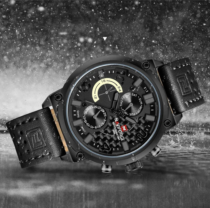 Black NAVIFORCE waterproof wristwatch with leather strap and multiple dials in splashing water