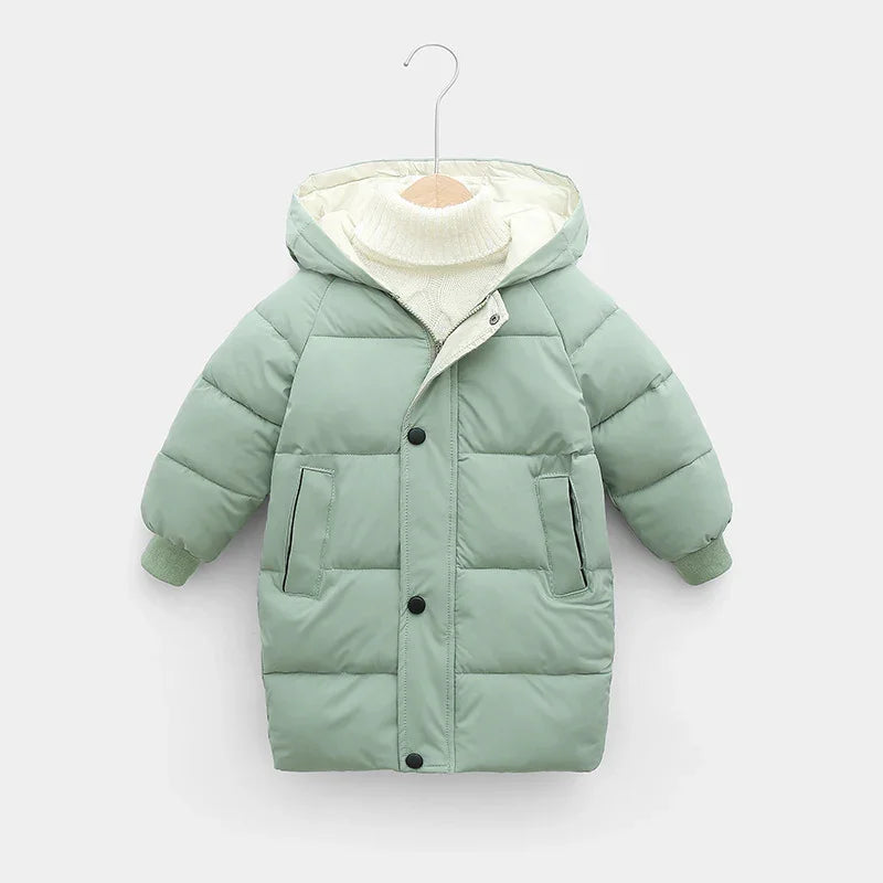 Light green padded winter jacket for kids with a hood, front buttons, and side pockets