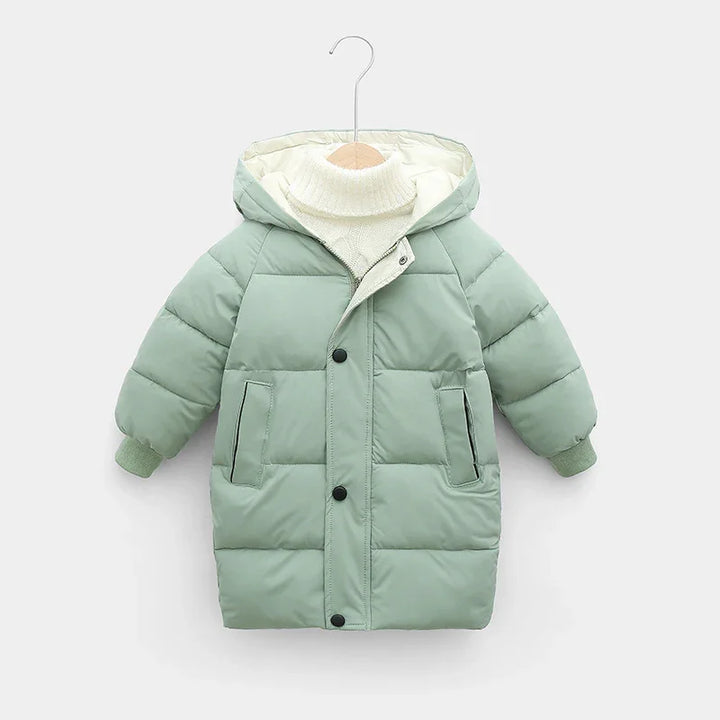 Light green padded winter jacket for kids with a hood, front buttons, and side pockets