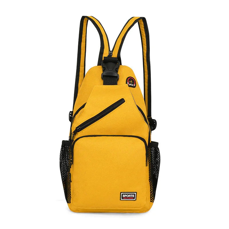 Yellow sporty backpack with black trim, zippered pockets, mesh side pockets, and adjustable straps