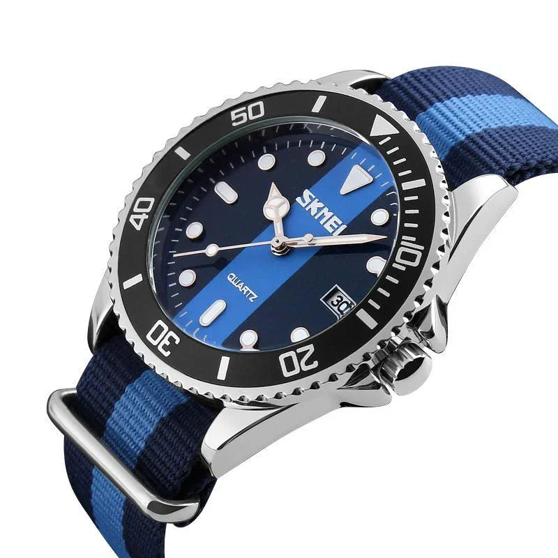 SKMEI quartz wristwatch with blue dial, black rotating bezel, and blue striped fabric strap