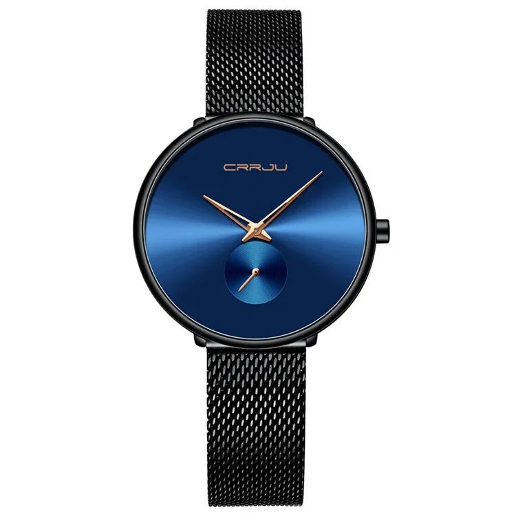 CRRJU men's wristwatch with blue dial, rose gold hands, and black mesh strap