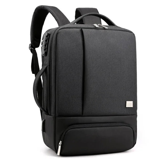 Modern black laptop backpack with multiple compartments and padded shoulder straps
