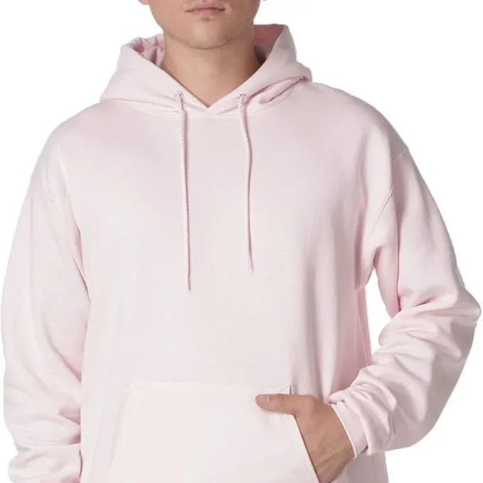 Man wearing light pink pullover hoodie with front pocket and drawstrings