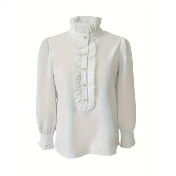 White long-sleeve blouse with ruffled high collar and front button placket detail