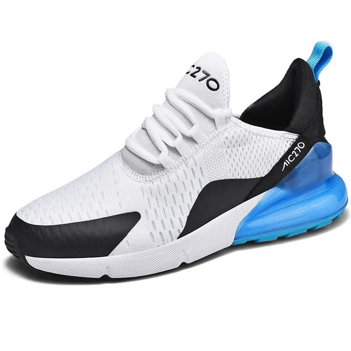 White and black sports sneaker with blue air cushion sole and AC270 branding