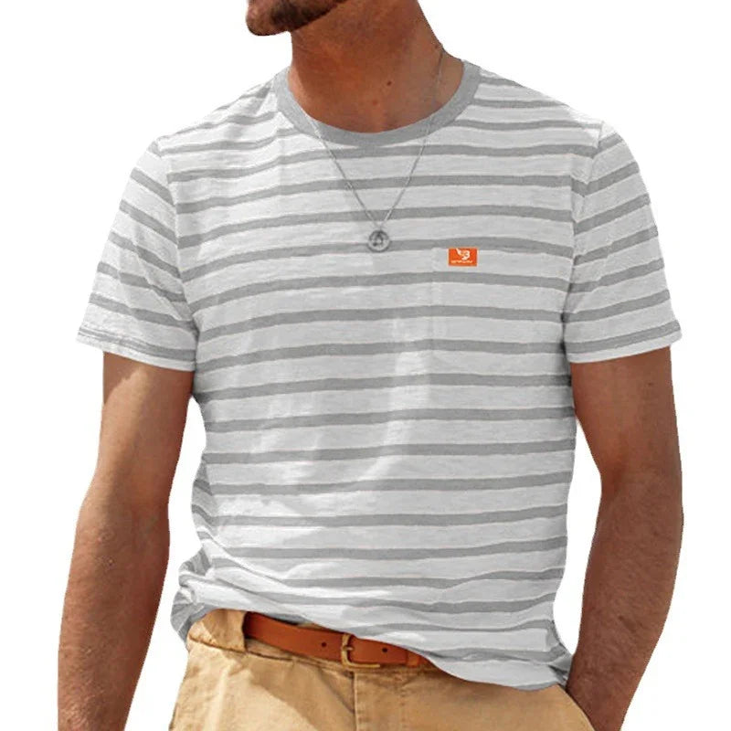 man wearing gray and white striped crew neck t-shirt with beige pants and brown belt