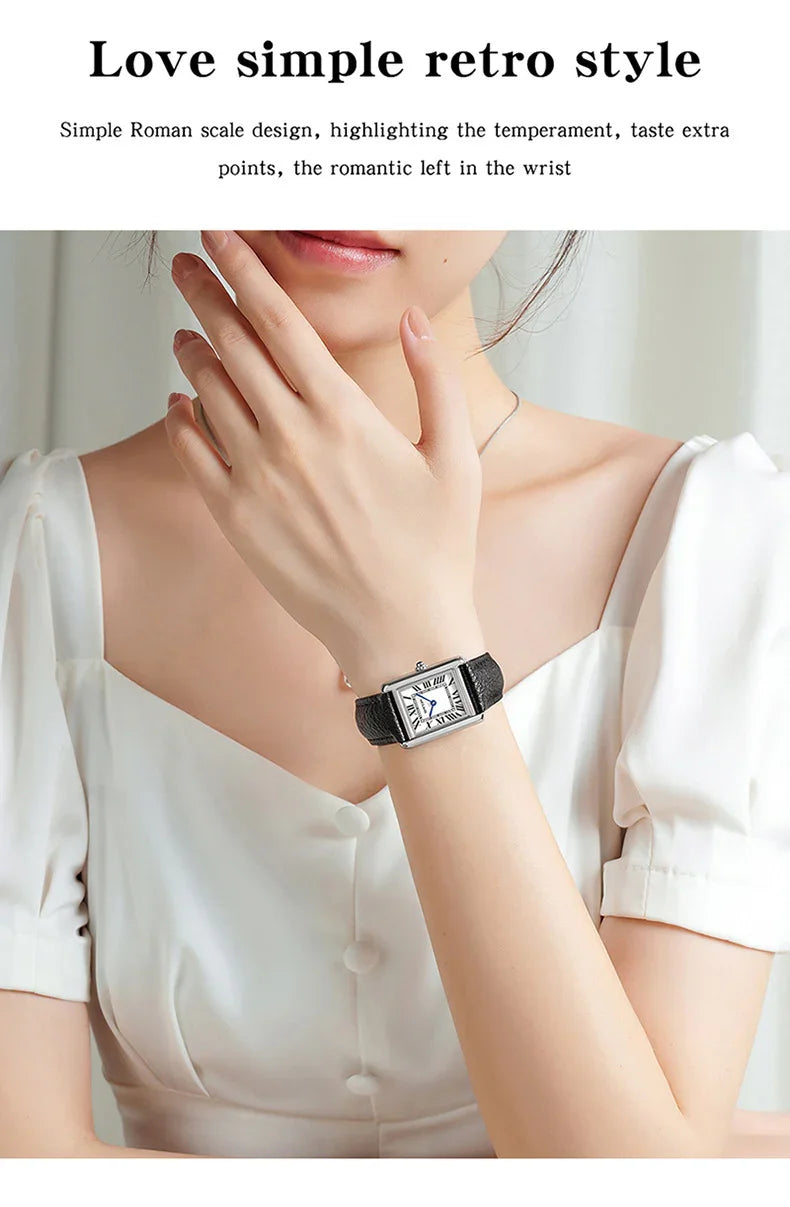 Woman wearing white dress with puffy sleeves, showcasing retro style watch with Roman numerals and black leather strap
