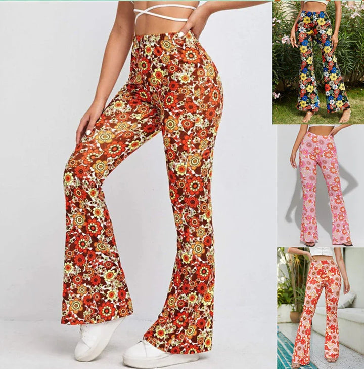 Women wearing colorful floral print high-waisted flare pants in various colors, styled with crop tops