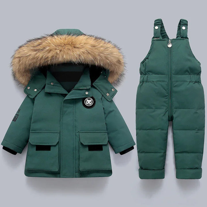 Green winter baby snowsuit with fur-trimmed hooded jacket and matching padded overalls