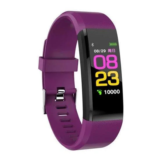 Purple fitness tracker with digital time, date, battery, Bluetooth, and 10,000 step count on screen