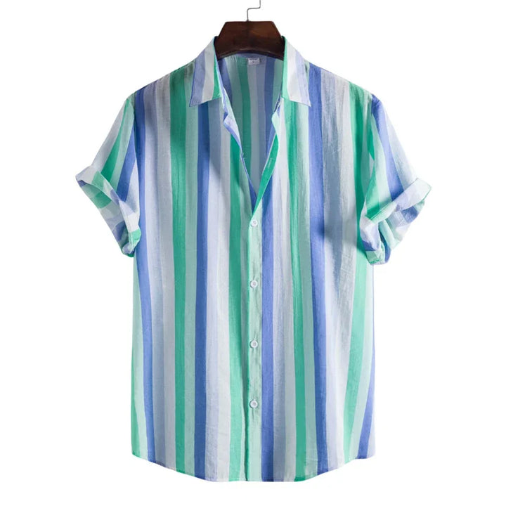 Casual short sleeve button-up shirt with green, blue, and white vertical stripes on a hanger