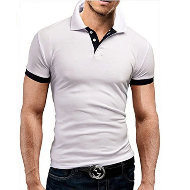 Men's slim fit white polo shirt with black collar and sleeve trim, paired with black belt and jeans